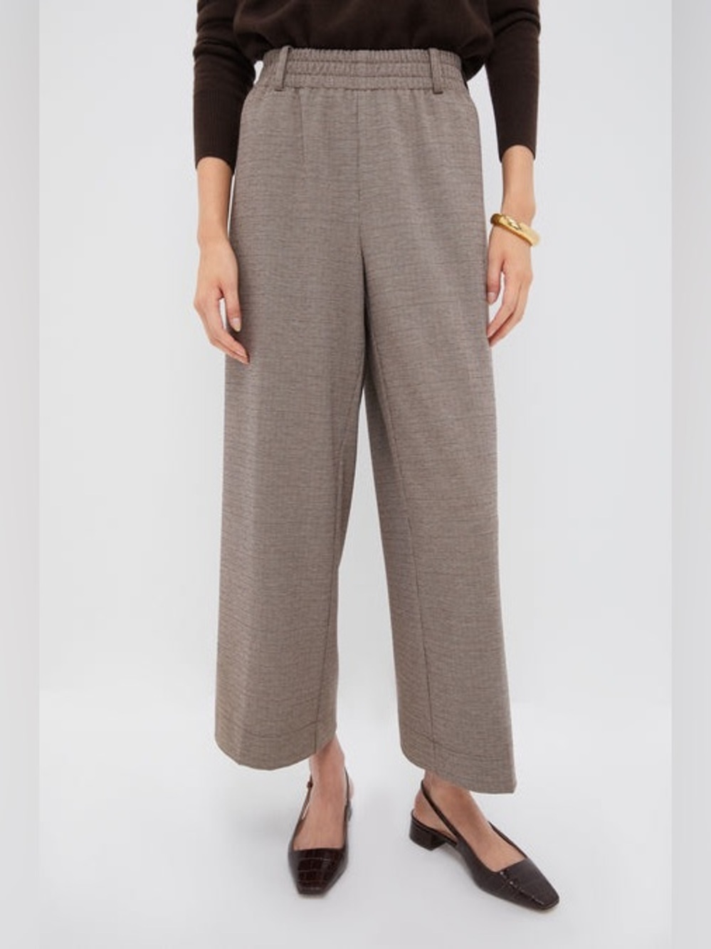 Tuckernuck Brown Plaid Cropped Flare Carlton Pants Ultra Wide Leg Elastic Waist